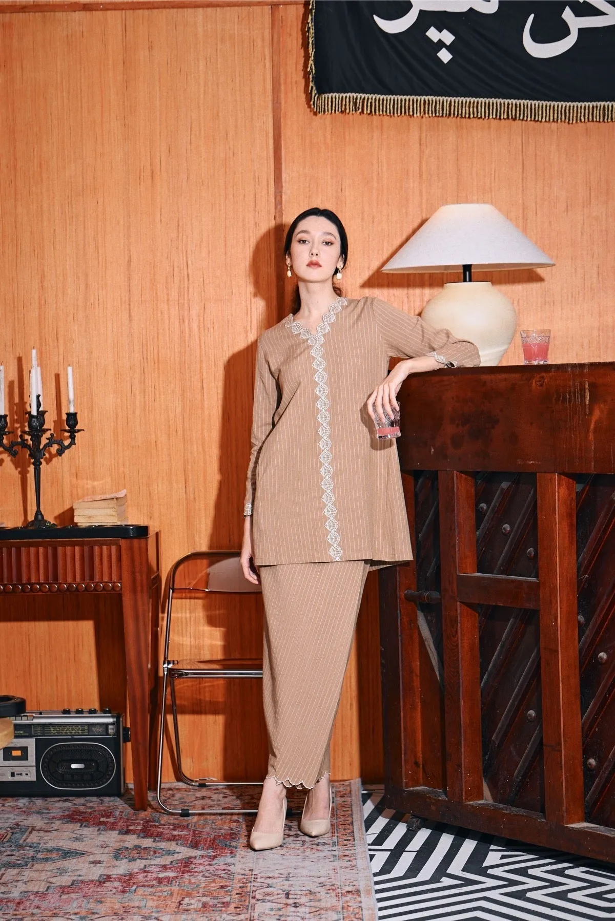 The Congkak Women Folded Skirt - Khaki Stripe