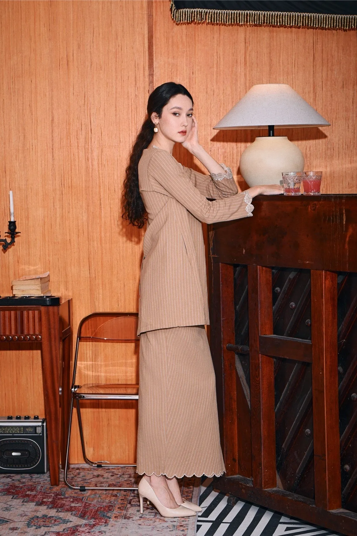 The Congkak Women Folded Skirt - Khaki Stripe