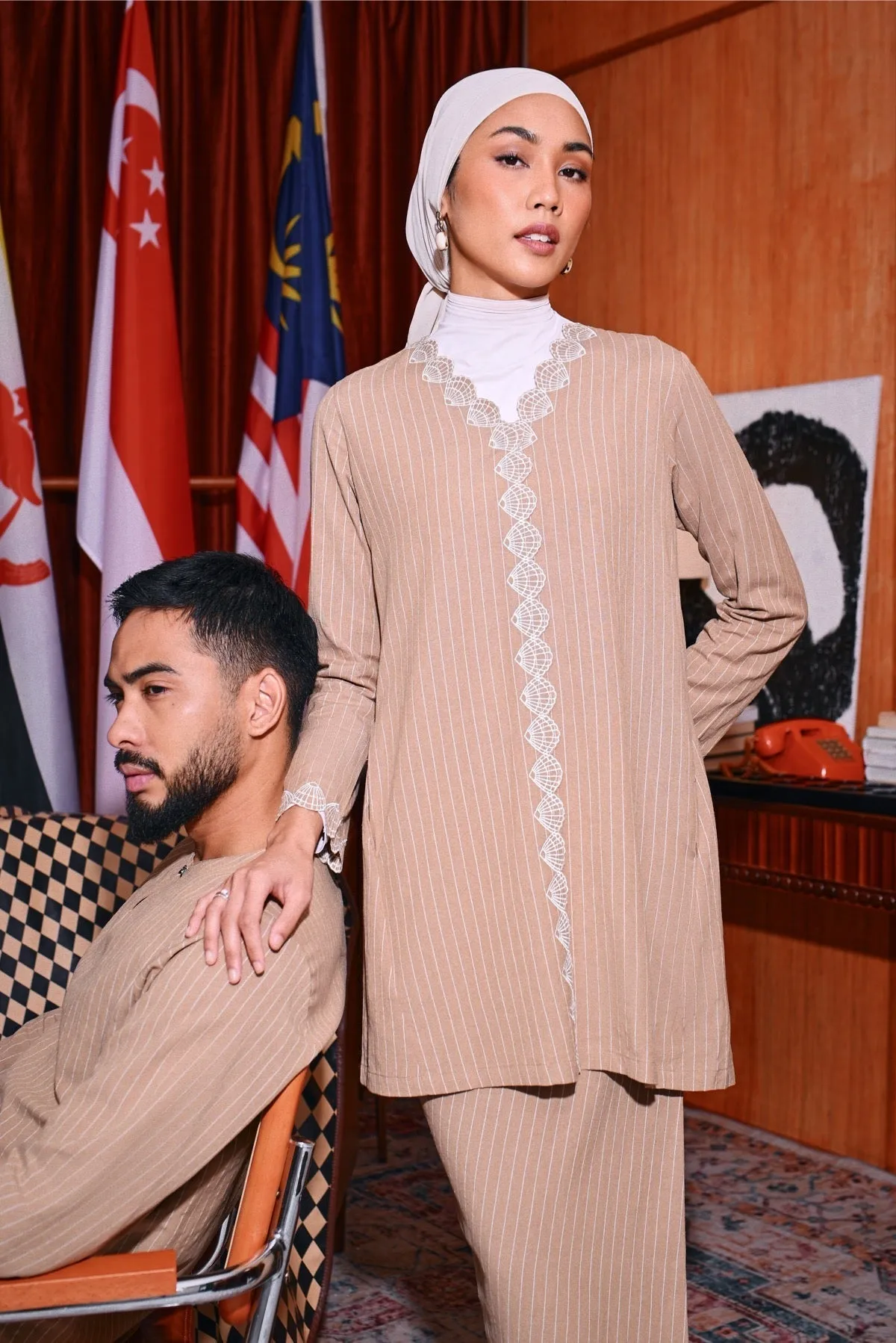 The Congkak Women Folded Skirt - Khaki Stripe