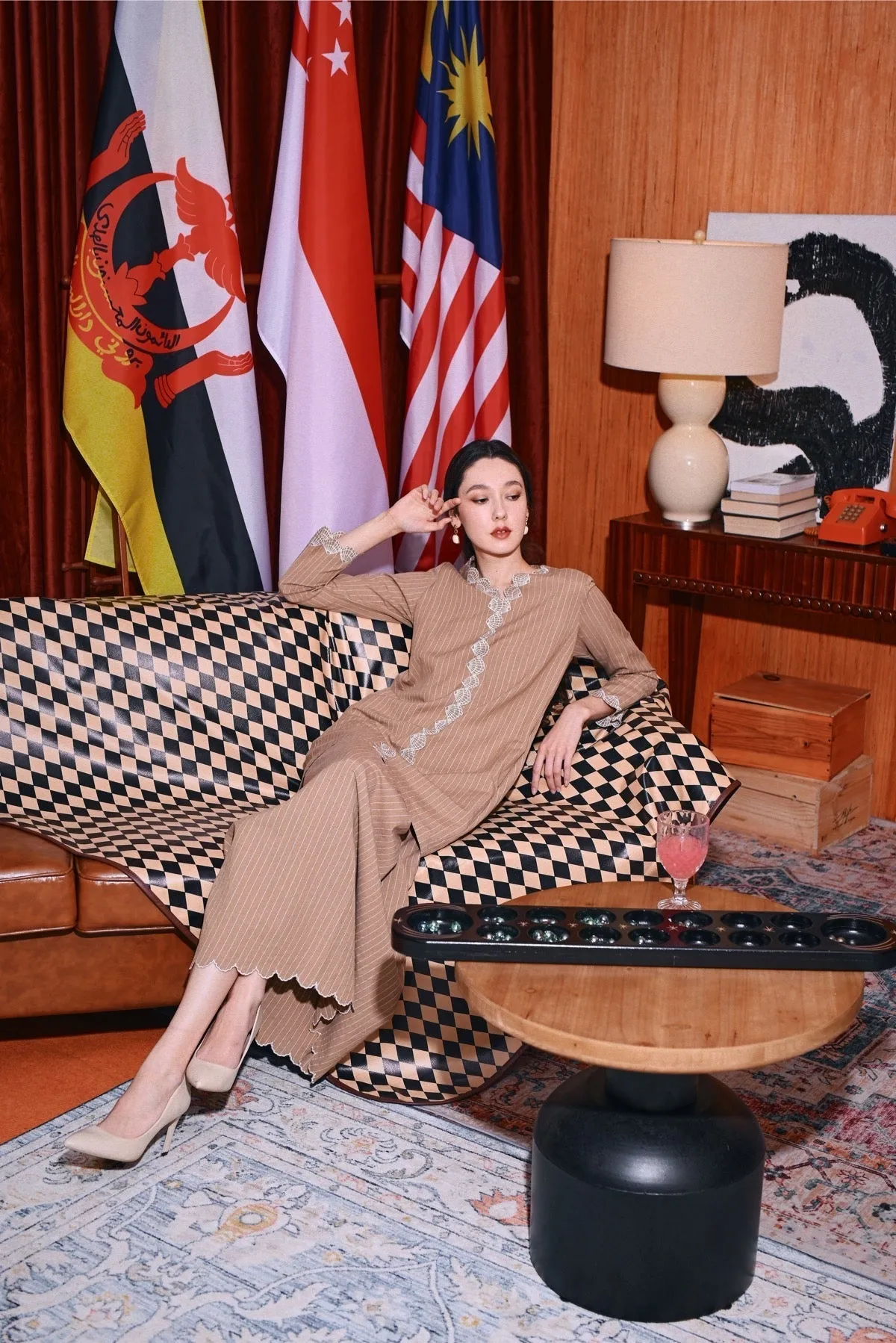 The Congkak Women Folded Skirt - Khaki Stripe