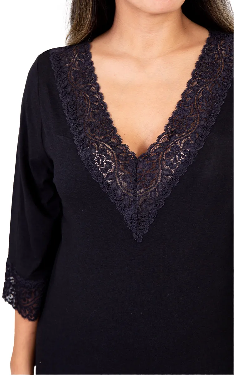 Victorias Linen 50% Bamboo 50% Cotton Nightgown with 3/4 Sleeve in Black Bridgette