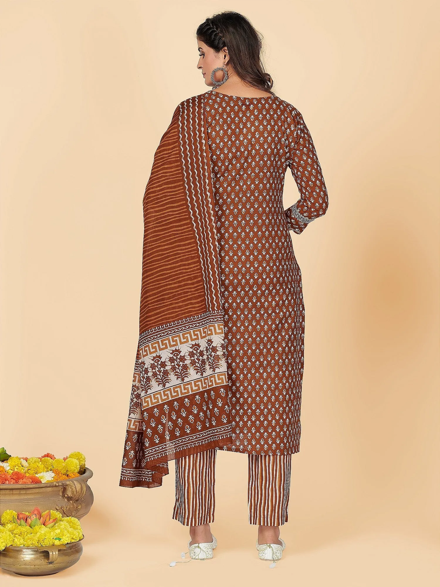 Women'S Brown Kurta & Pant With Dupatta Set- (3Pcs Set)