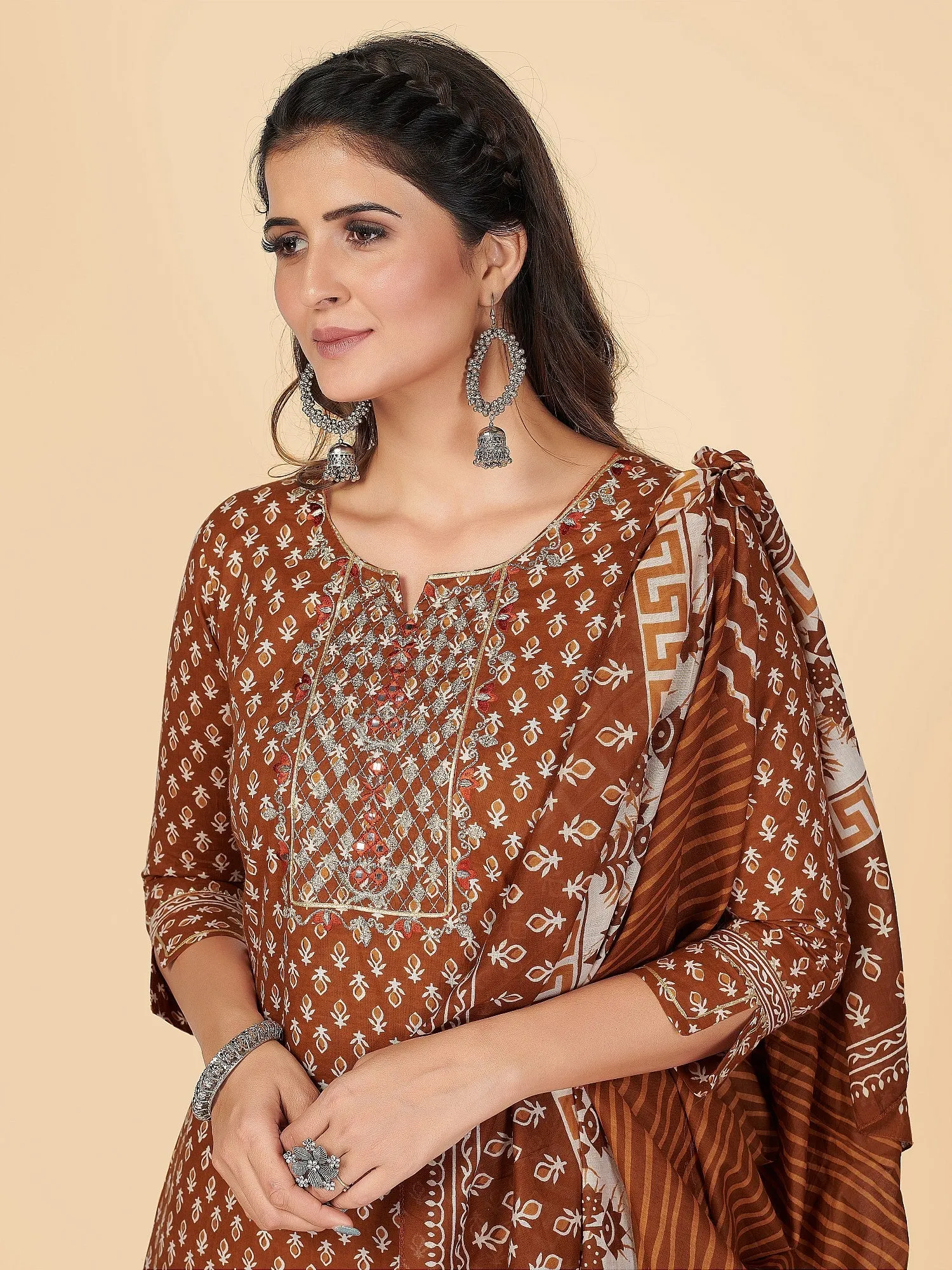 Women'S Brown Kurta & Pant With Dupatta Set- (3Pcs Set)
