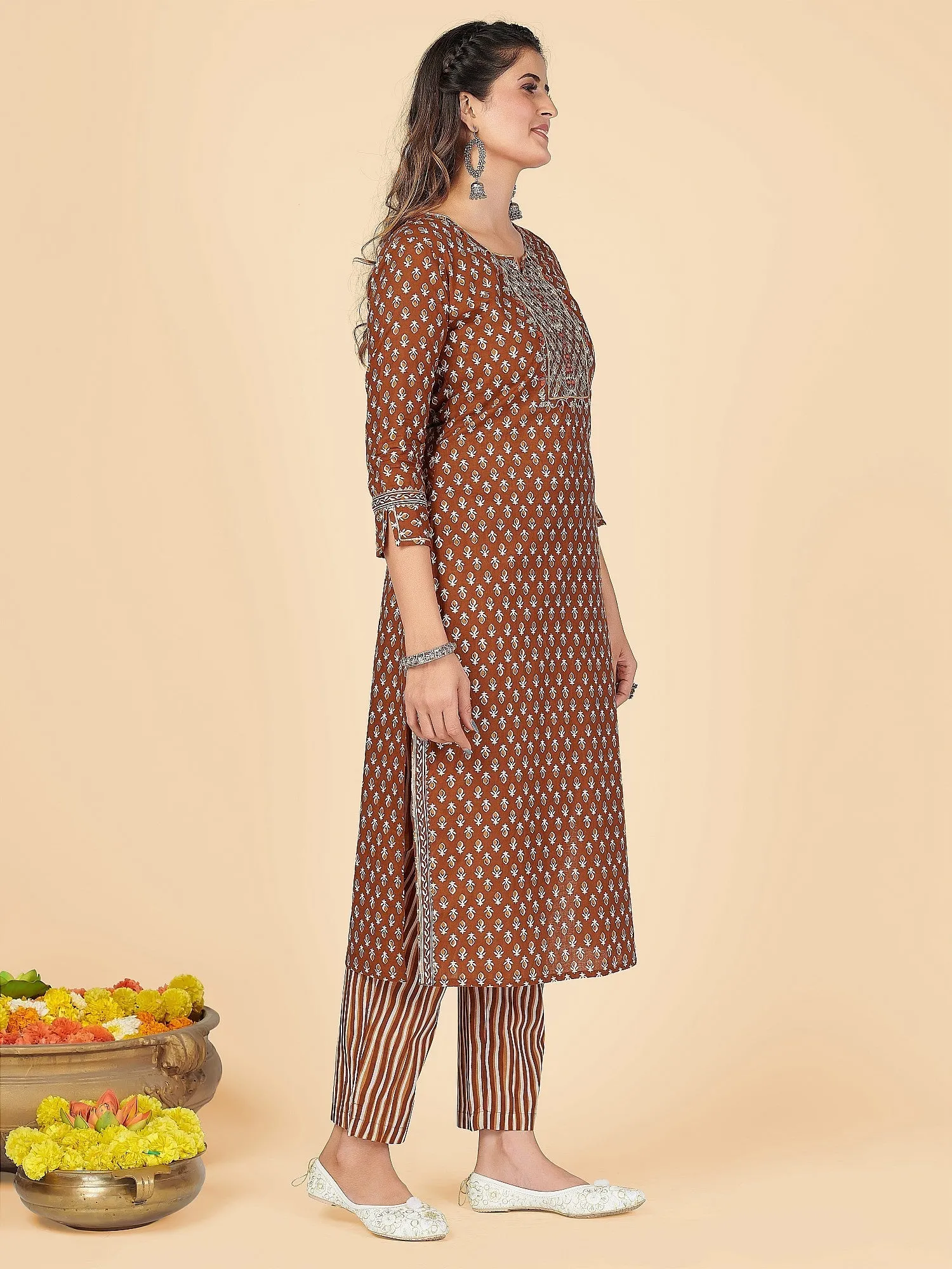 Women'S Brown Kurta & Pant With Dupatta Set- (3Pcs Set)