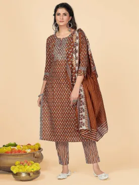 Women'S Brown Kurta & Pant With Dupatta Set- (3Pcs Set)