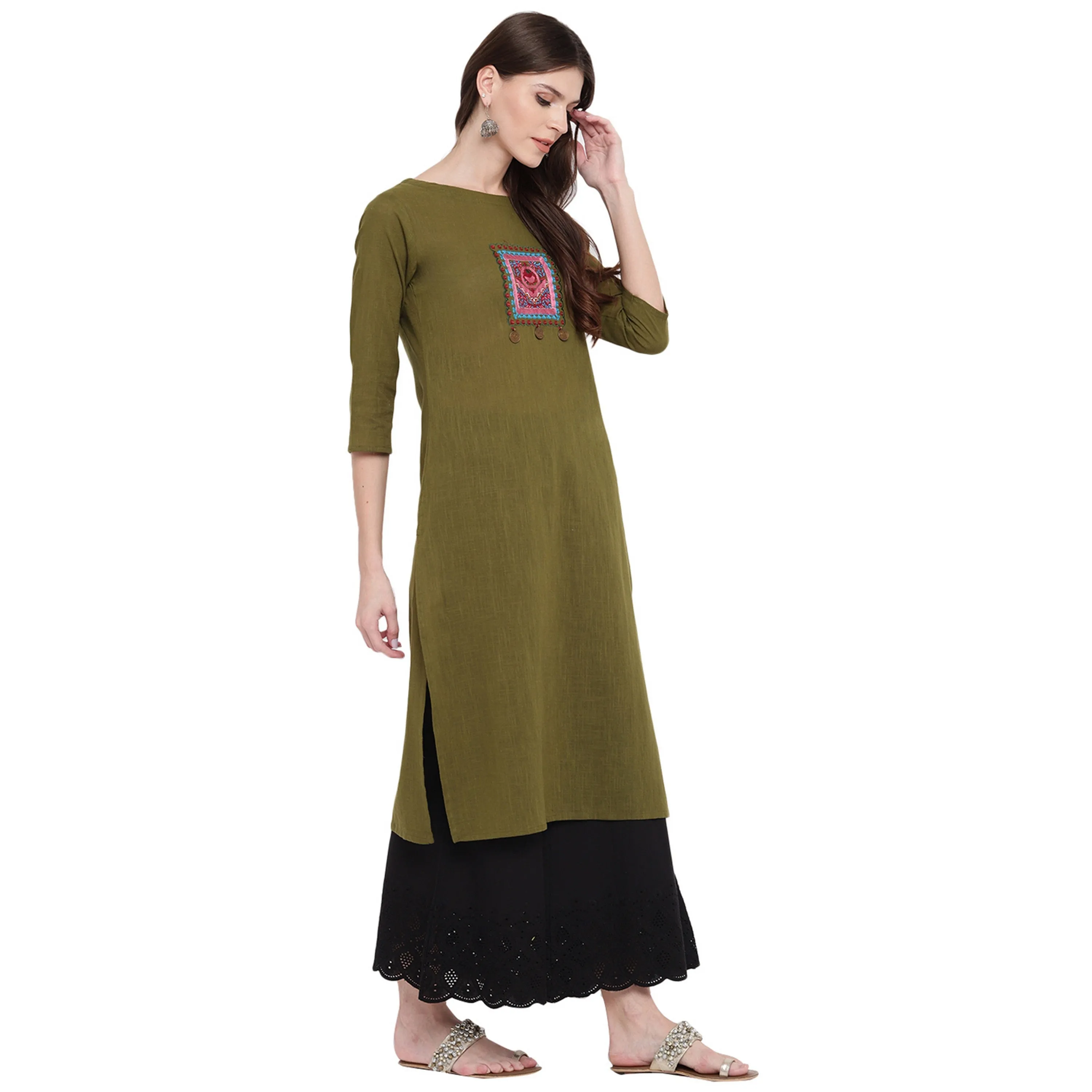 Women'S Embellished Green Kurti- (1Pc Set)