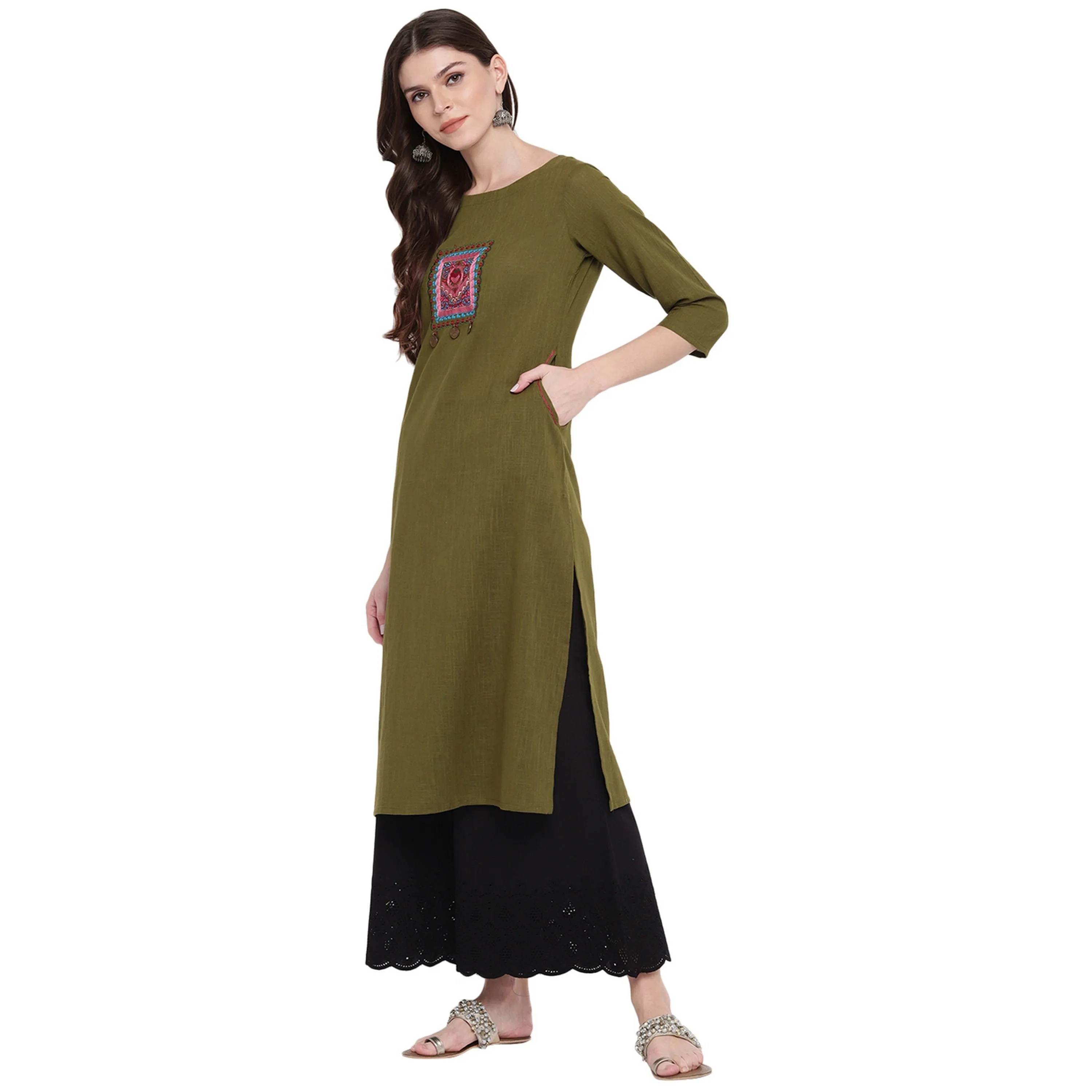 Women'S Embellished Green Kurti- (1Pc Set)