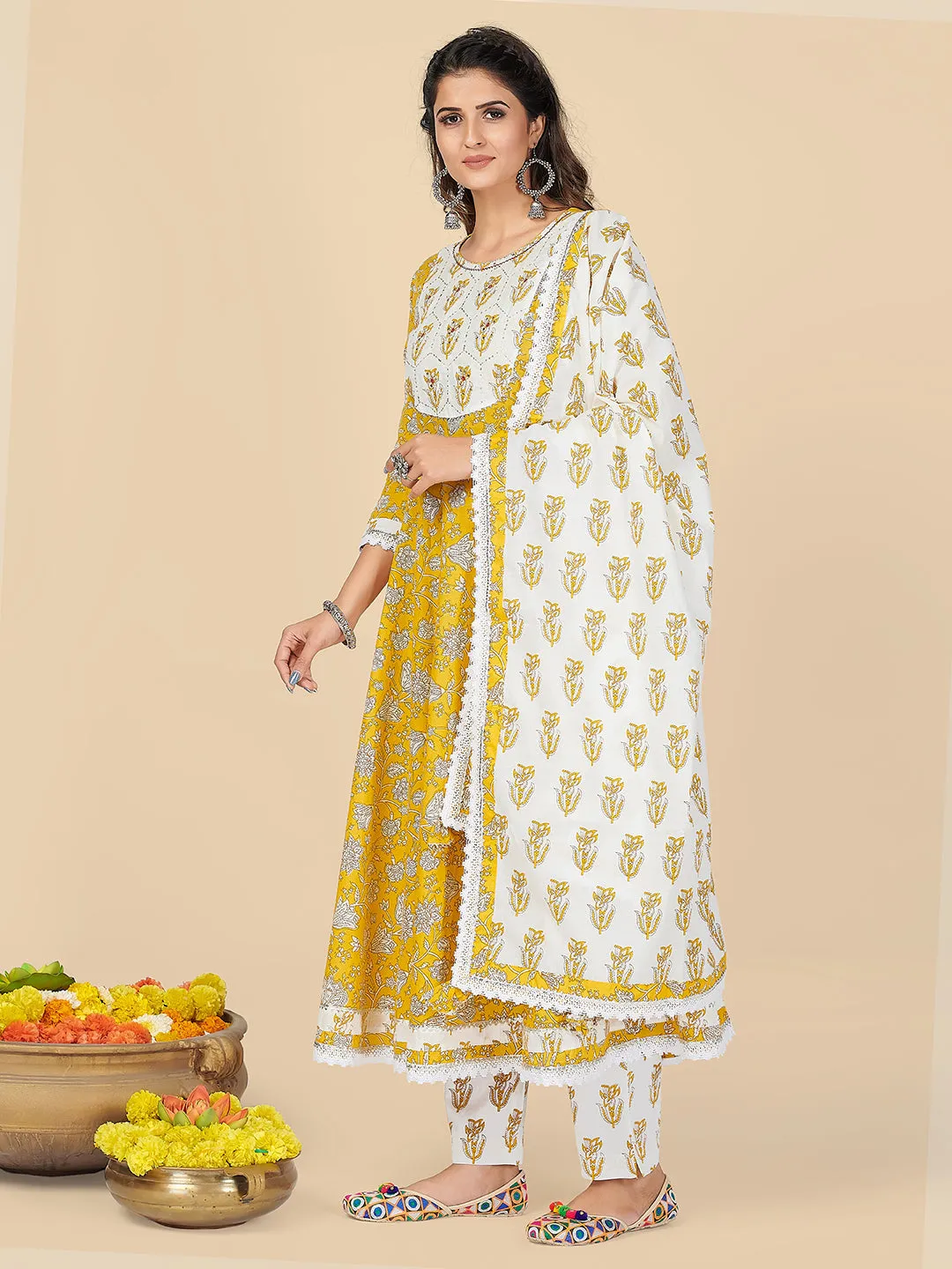 Women'S Yellow Anarkali Kurta & Pant With Dupatta Set- (3Pcs Set)