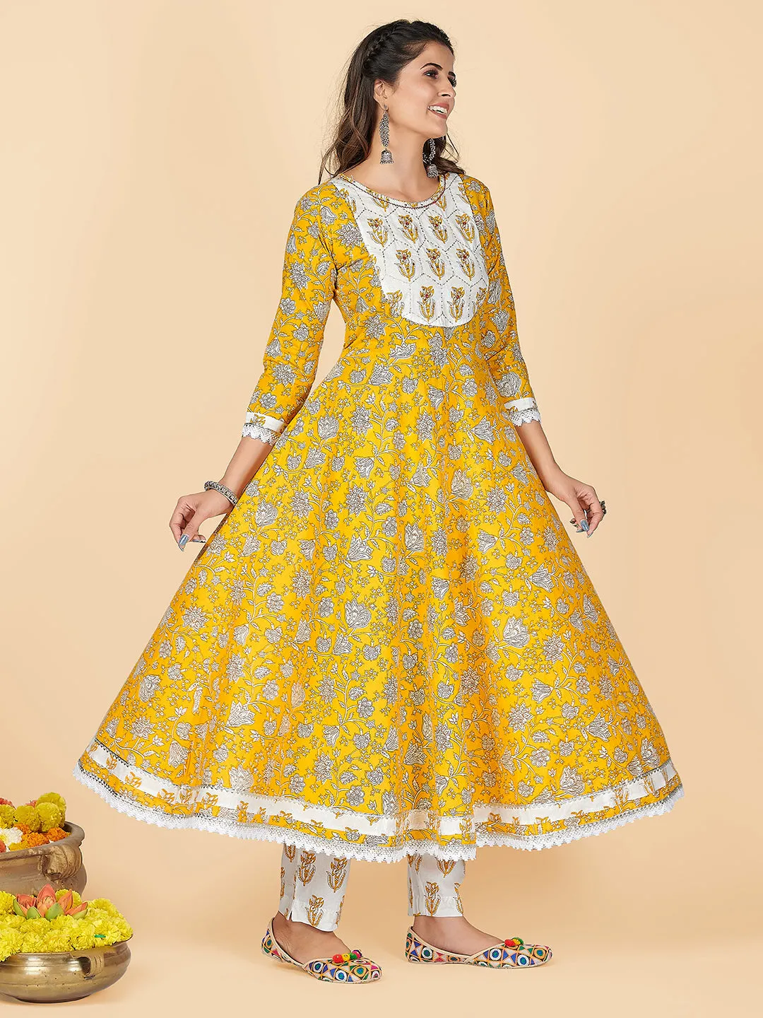 Women'S Yellow Anarkali Kurta & Pant With Dupatta Set- (3Pcs Set)