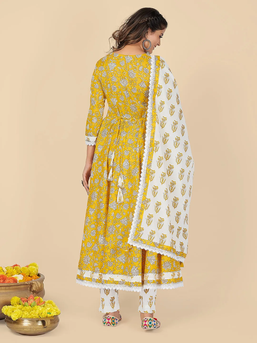 Women'S Yellow Anarkali Kurta & Pant With Dupatta Set- (3Pcs Set)