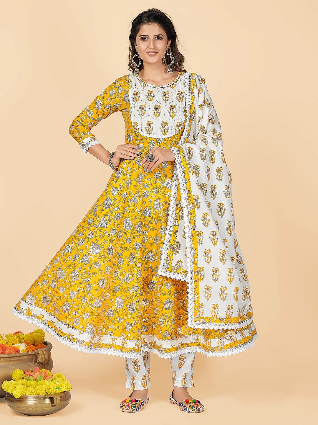 Women'S Yellow Anarkali Kurta & Pant With Dupatta Set- (3Pcs Set)